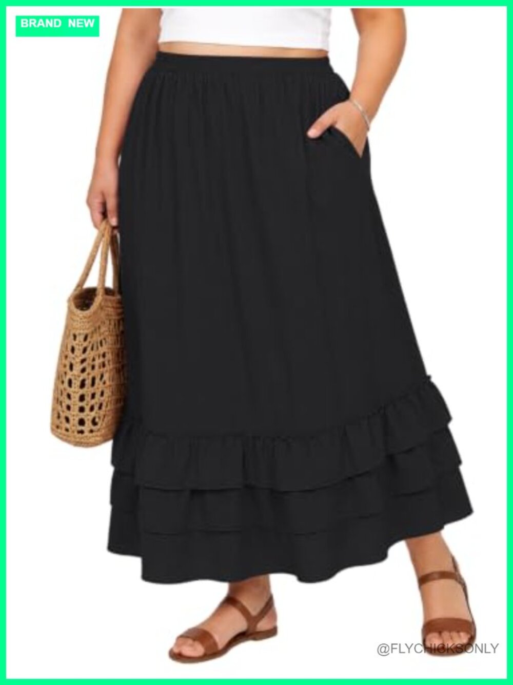 Plus Size Maxi Skirt Long Flowy Ruffle Tiered A-Line with Pockets